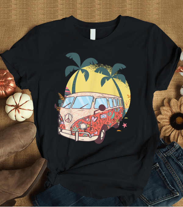 T-Shirt: Hippy Bus Van Flower Power Vintage 60s 70s with Peace Sign and Tropical Palm Trees T-Shirt Hippy Bus Van Flower Power Vintage 60s 70s with Peace Sign and Tropical Palm Trees T-Shirt