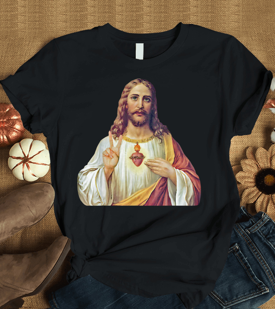 Jesus Christ Sacred Heart Symbol with Peace Gesture T-Shirt