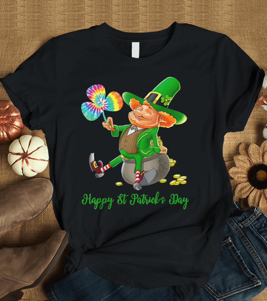 Happy St Patrick's Day Leprechaun with Tie Dye Shamrock T-Shirt