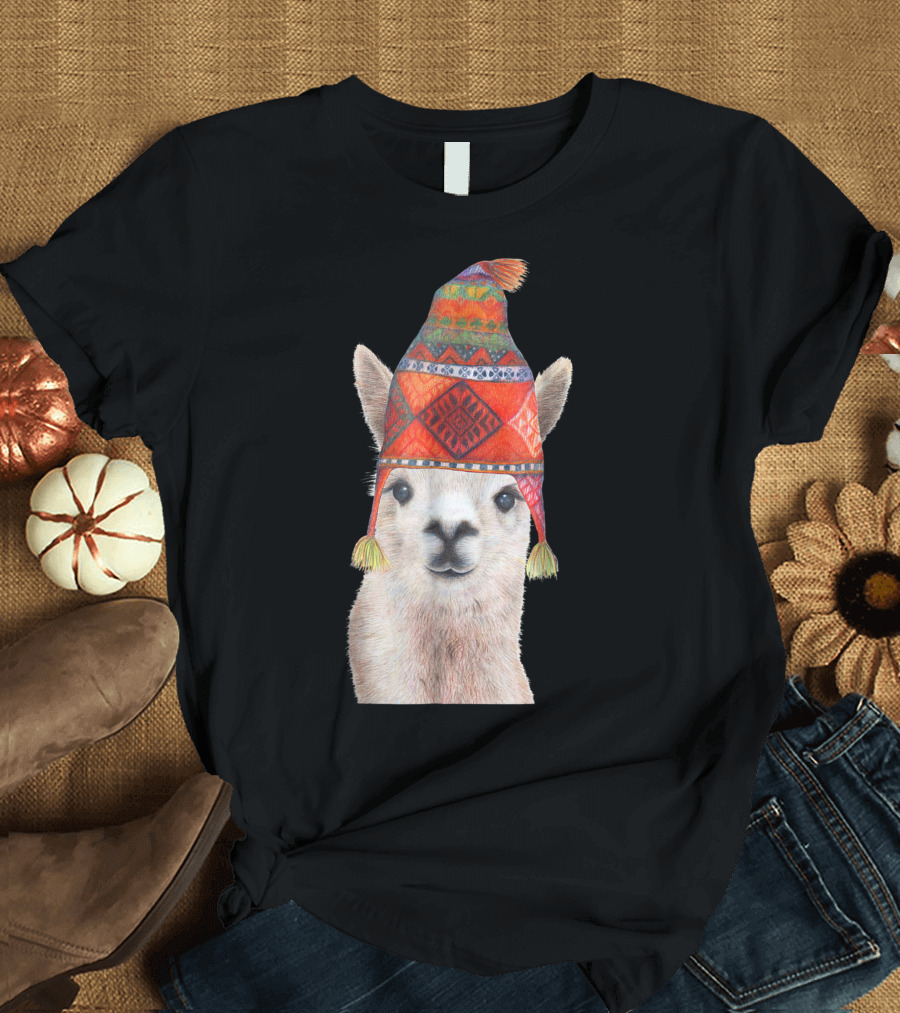 Llama Wearing Colorful Peruvian Hat Apparel for Men Women Children T-Shirt