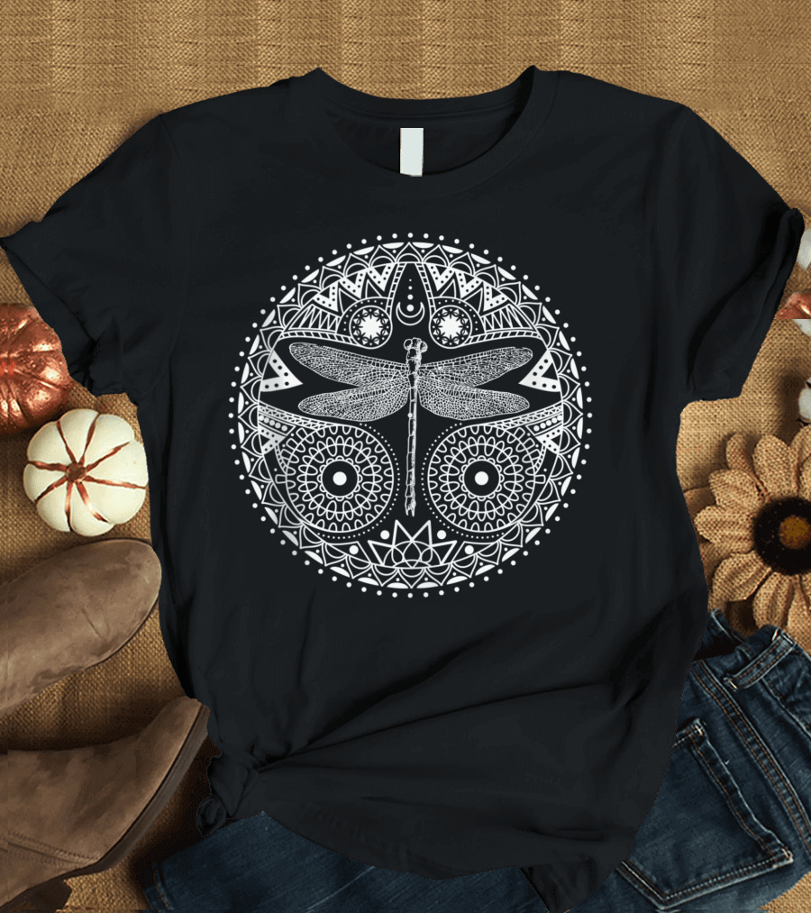 Magical Mandala Dragonfly Crescent Moon Circle T-Shirt