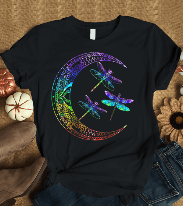 T-Shirt: Mandala Crescent Moon with Colorful Dragonflies Chakra T-Shirt Mandala Crescent Moon with Colorful Dragonflies Chakra T-Shirt