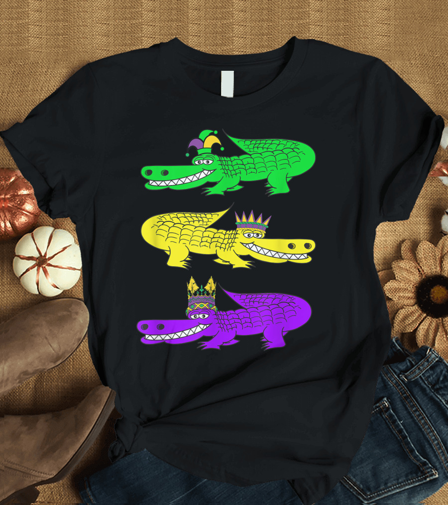 Mardi Gras Celebration Alligator or Crocodile with Colorful Jester and Crown Accessories T-Shirt