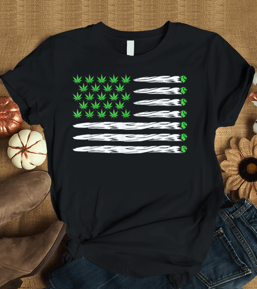 Cannabis Leaf Flag with Joint Stripes Marijuana 420 Weed Flower T-Shirt