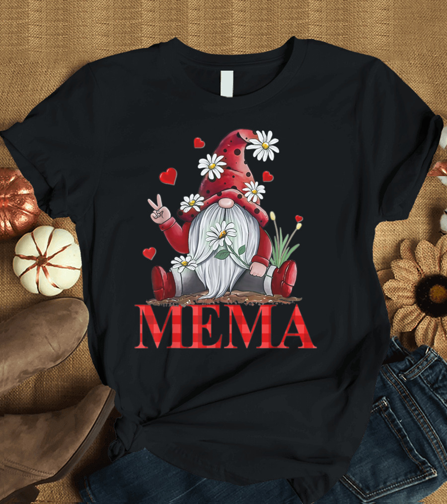 Mema Valentine Gnome Hippie Peace Daisy Flower T-Shirt