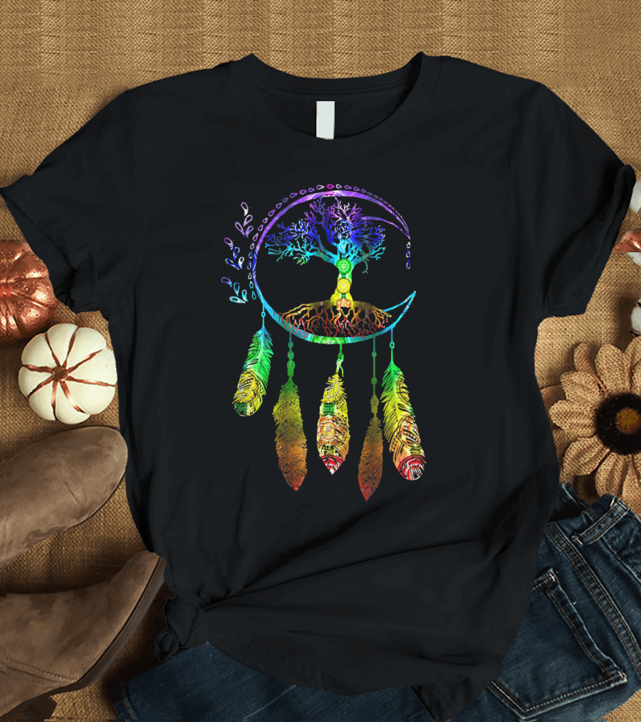 Moon Dream Catcher Feathers Colorful Tree Of Life T-Shirt