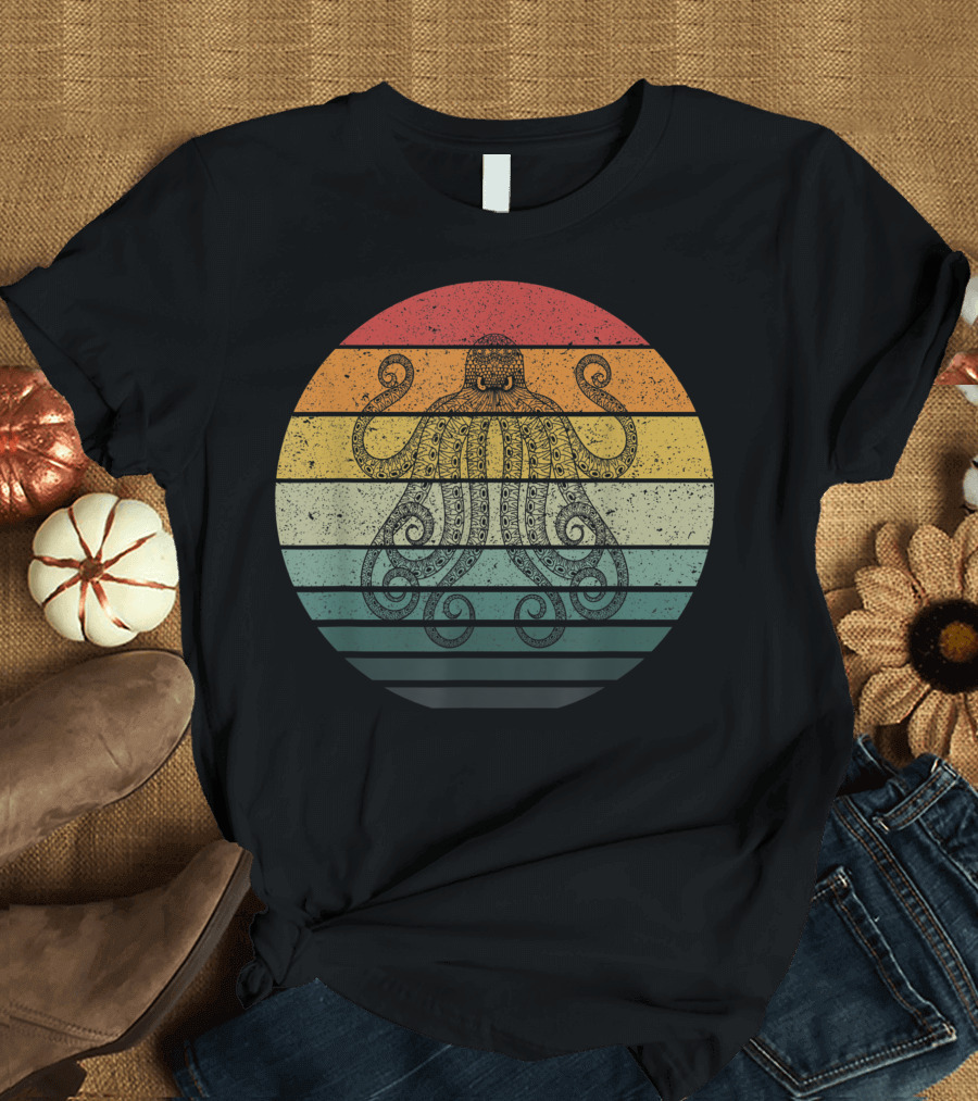 Octopus Vintage Retro Sunset Stripes T-Shirt