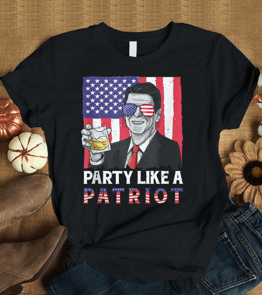 Party Like A Patriot Reagan Ronald American Flag Sunglasses 4th of July T-Shirt