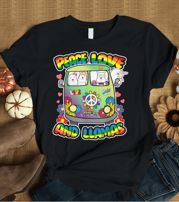 T-Shirt: Peace Love and Llamas Groovy Flower Power Hippie Bus T-Shirt Peace Love and Llamas Groovy Flower Power Hippie Bus T-Shirt
