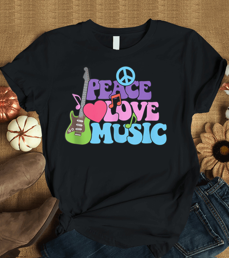 Peace Love Music Gypsy Hippy Hippie Style KC Retro Guitar Peace Sign T-Shirt