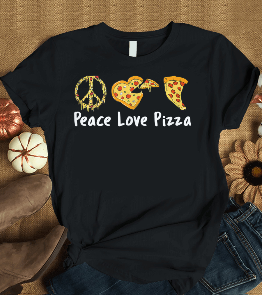 Peace Love Pizza Symbols with Slice Graphics T-Shirt