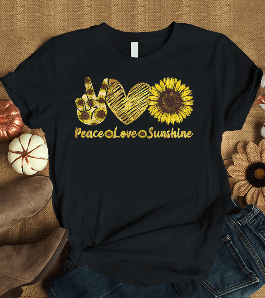 Peace Love Sunshine Sunflower Hippie Summer Lovers Peace Sign Heart Flower T-Shirt