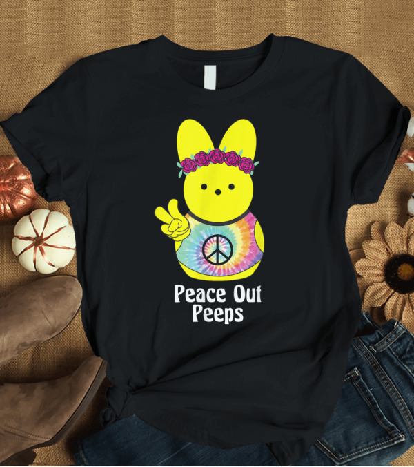 T-Shirt: Peace Out Peeps Easter Tie Dye Hippie Bunny with Flower Crown and Peace Sign T-Shirt Peace Out Peeps Easter Tie Dye Hippie Bunny with Flower Crown and Peace Sign T-Shirt