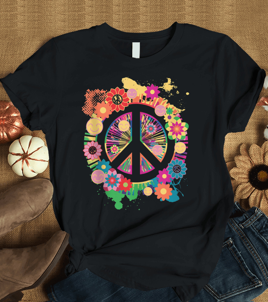 Peace Sign with Colorful Flowers and Smiley Faces 60s 70s Hippie T-Shirt