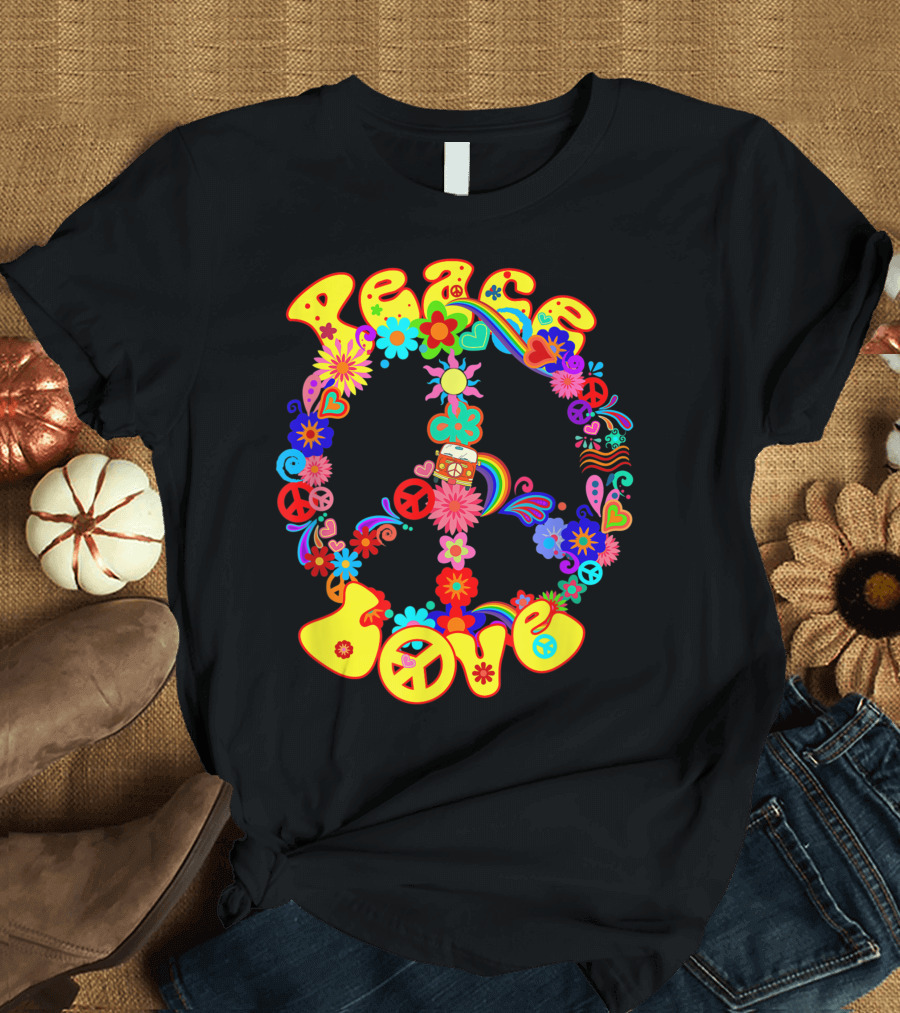 Peace Love Groovy 60s 70s Hippie Ad Rainbow Flowers Peace Sign T-Shirt