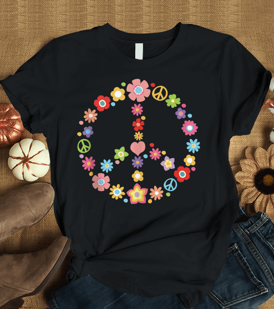 Peace Sign Love Flower 60s 70s Tie Dye Hippie Floral T-Shirt