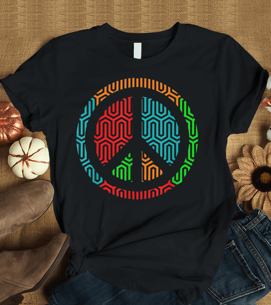 Peace Symbol 70s Bright Colors Hexagonal Pattern Retro Vibe T-Shirt