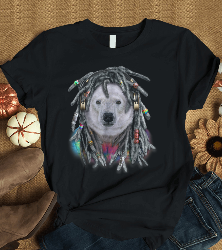 Polar Bear Hippie Reggae Dreadlocks Headphones T-Shirt