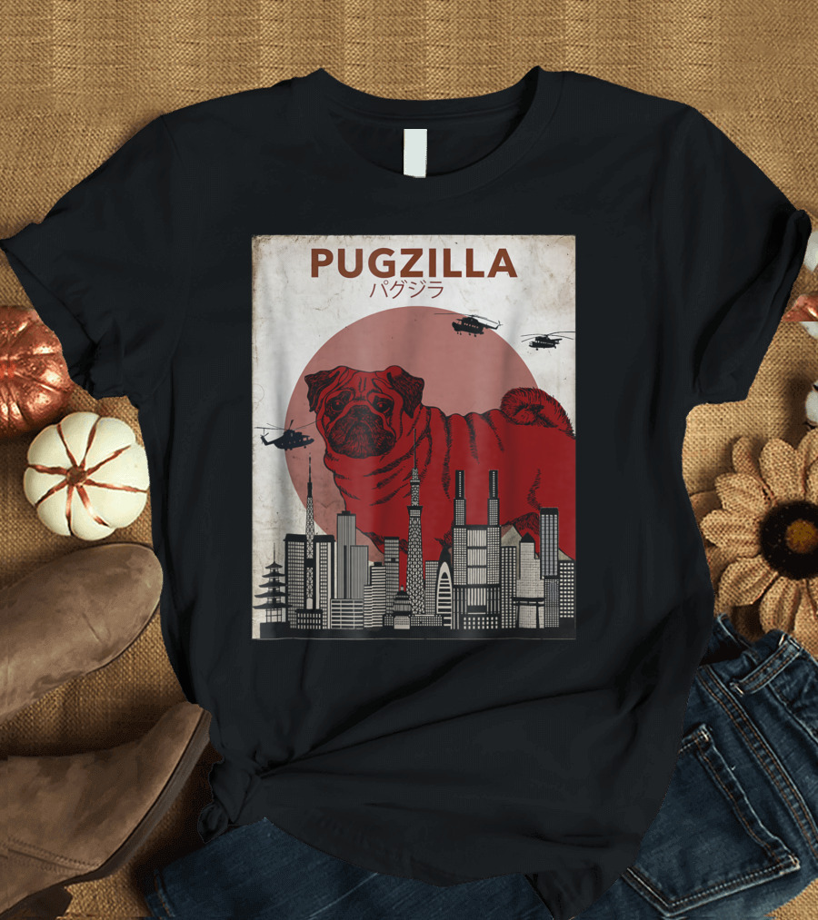 Pugzilla Japanese Movie Poster Style with Helicopters and Cityscape T-Shirt