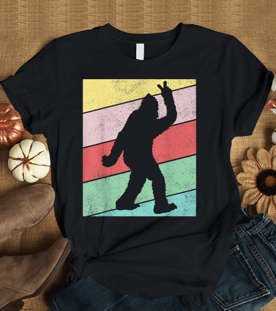 Retro Bigfoot Peace Sign Vintage Stripes T-Shirt