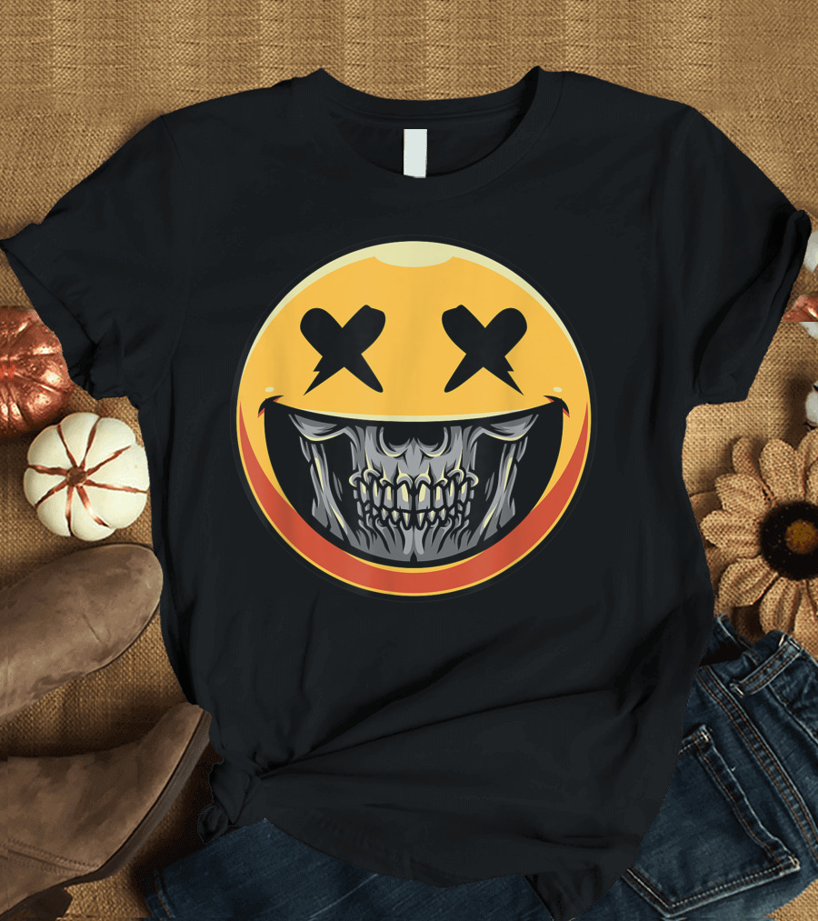 Scary Halloween Smiley Face Emoji Skull T-Shirt