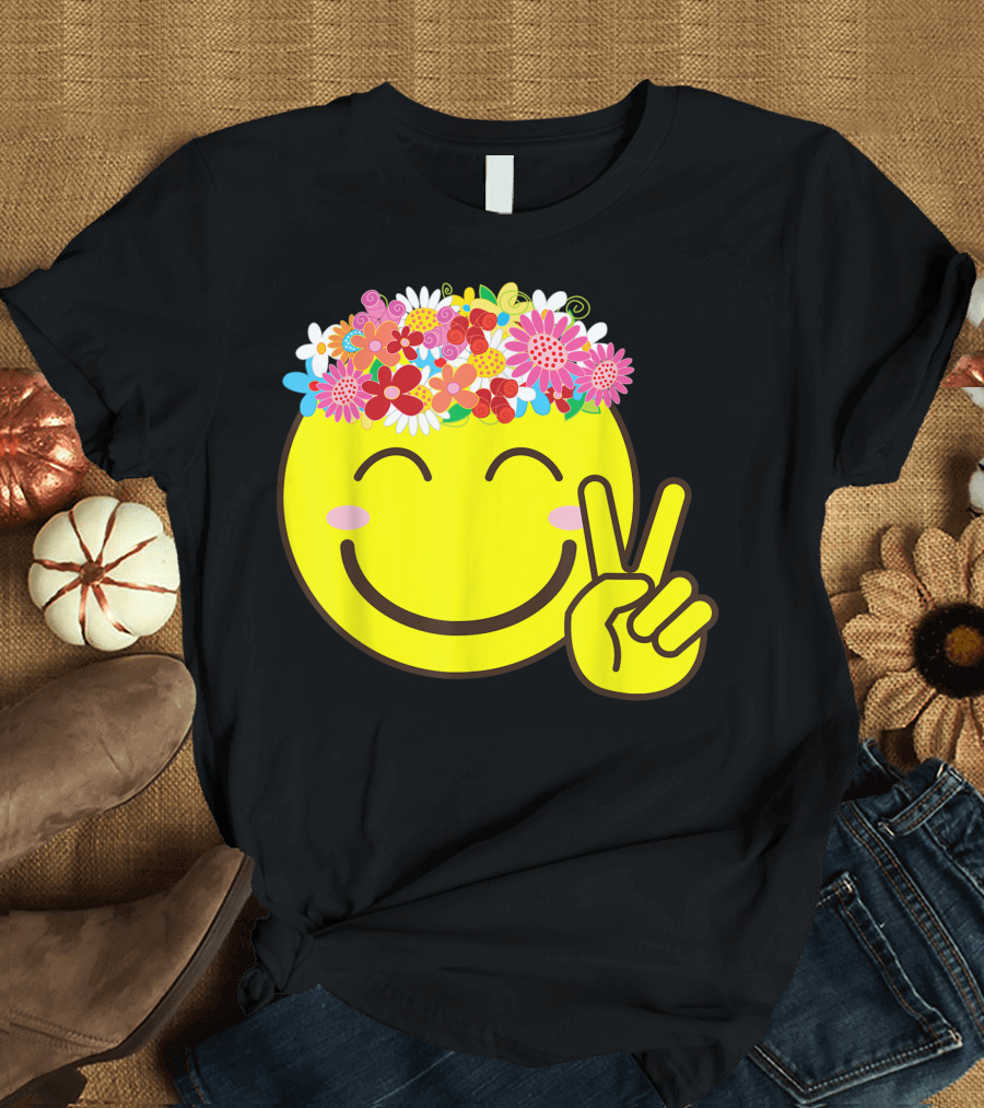 Smiley Emoticon Flower Crown Happiness Peace Sign Vibrant Floral Headpiece T-Shirt