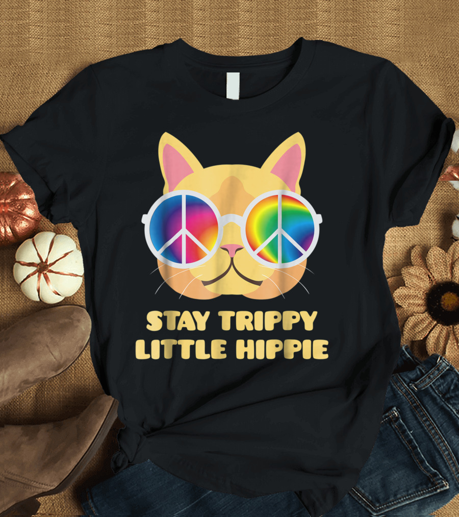 Stay Trippy Little Hippie Cat with Vintage Rainbow Peace Sign Glasses T-Shirt