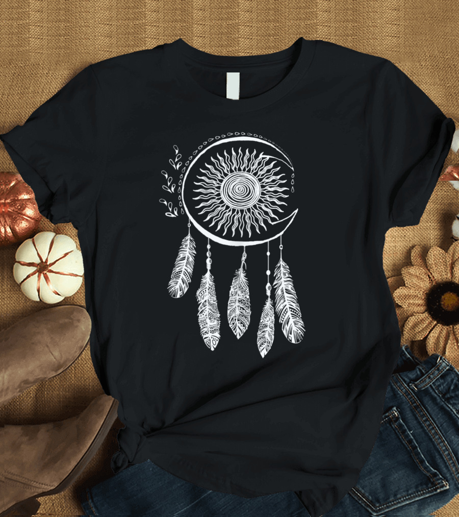 Sun Moon Dream Catcher with Feathers Boho T-Shirt