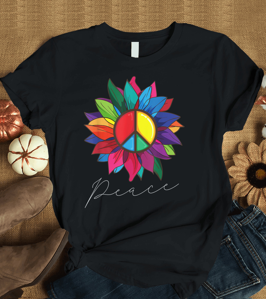 Sunflower Rainbow Peace Sign 70s Hippie Flower Power World T-Shirt