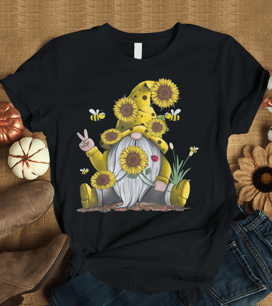Sunflower Hippie Gnome with Bees and Ladybug Garden T-Shirt
