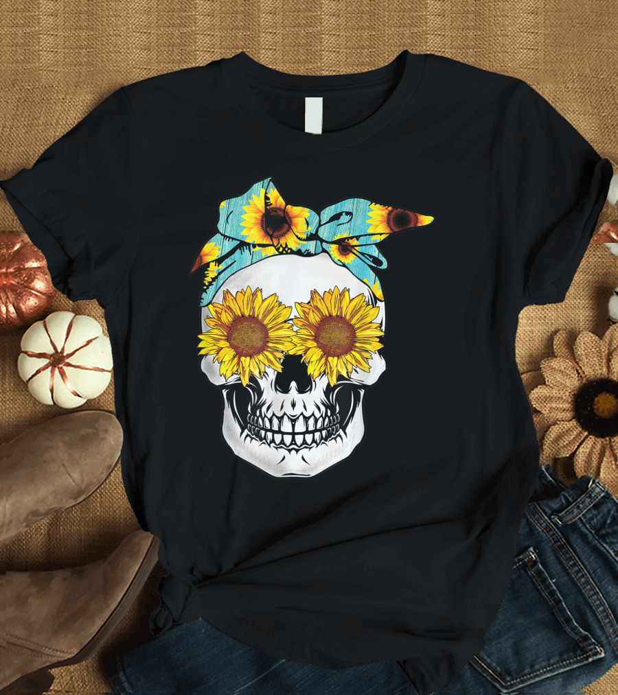 Sunflower Sugarskull with Floral Bandana T-Shirt