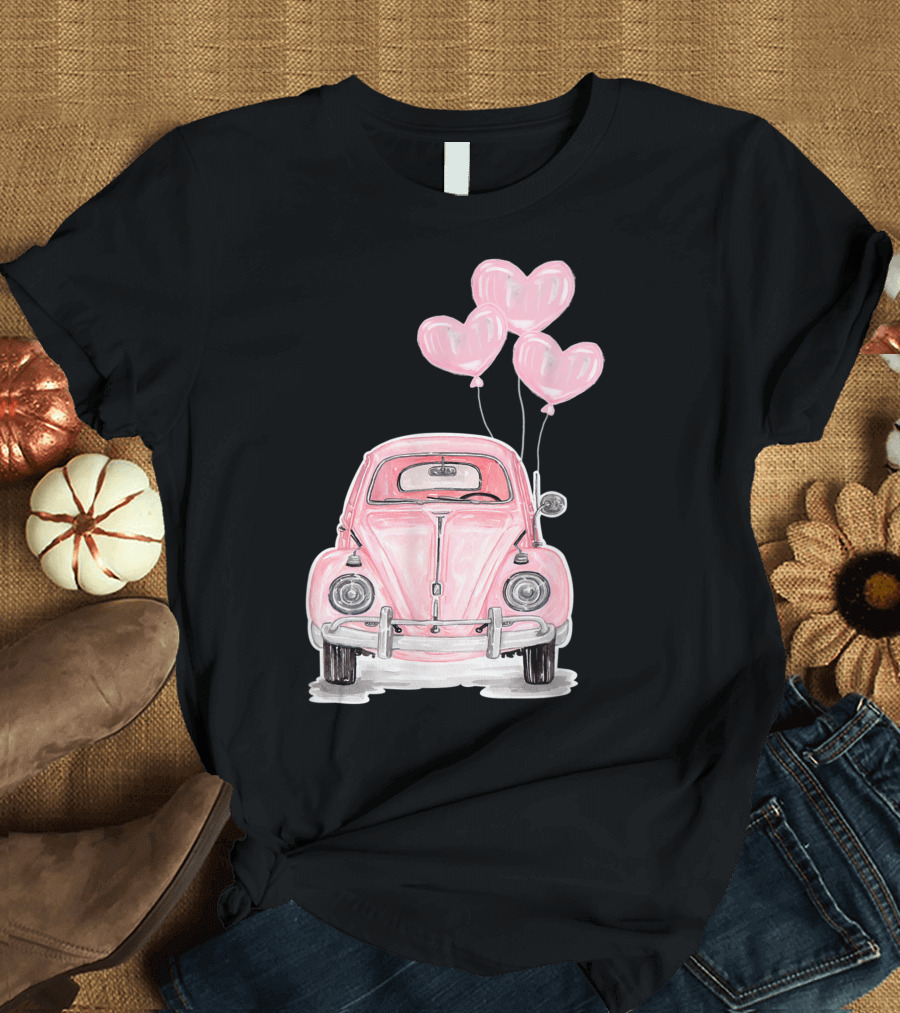 Pink Beetle Buggy with Heart Balloons for Hippie Auto Lovers T-Shirt