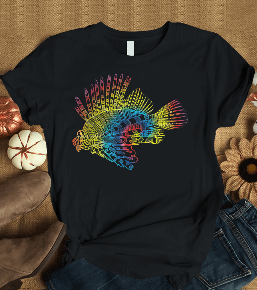 Tie Dye Lionfish Rainbow Peace Hippie Zebrafish Print T-Shirt