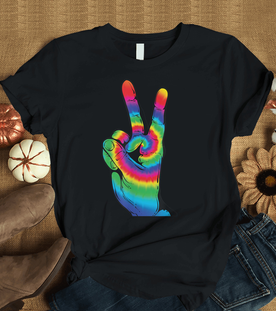 Tie Dye Peace V Hand Sign Rainbow Hippies T-Shirt