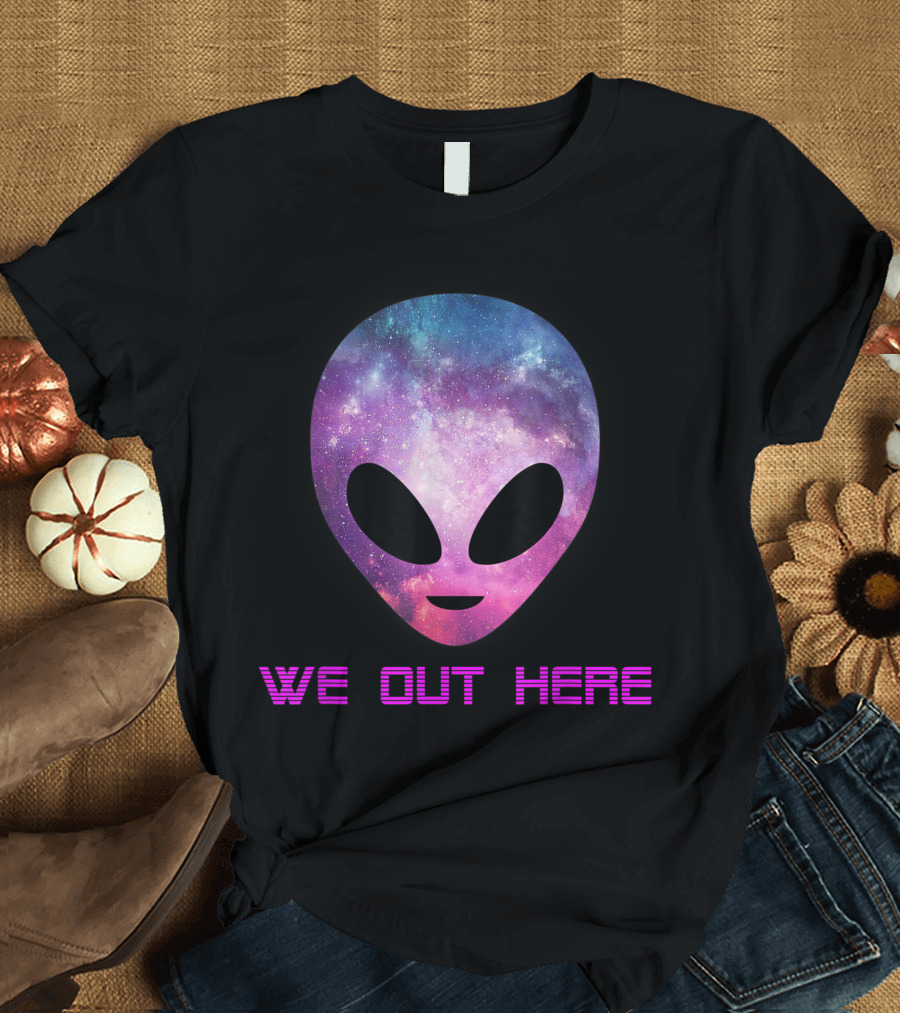 Trippy Alien Head We Out Here Ufo Galaxy Print T-Shirt