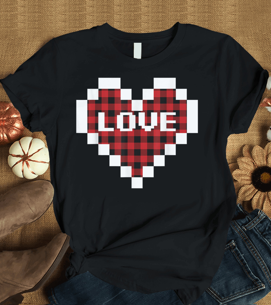 Valentines Day Buffalo Plaid Pixelated Love Heart Valentine T-Shirt