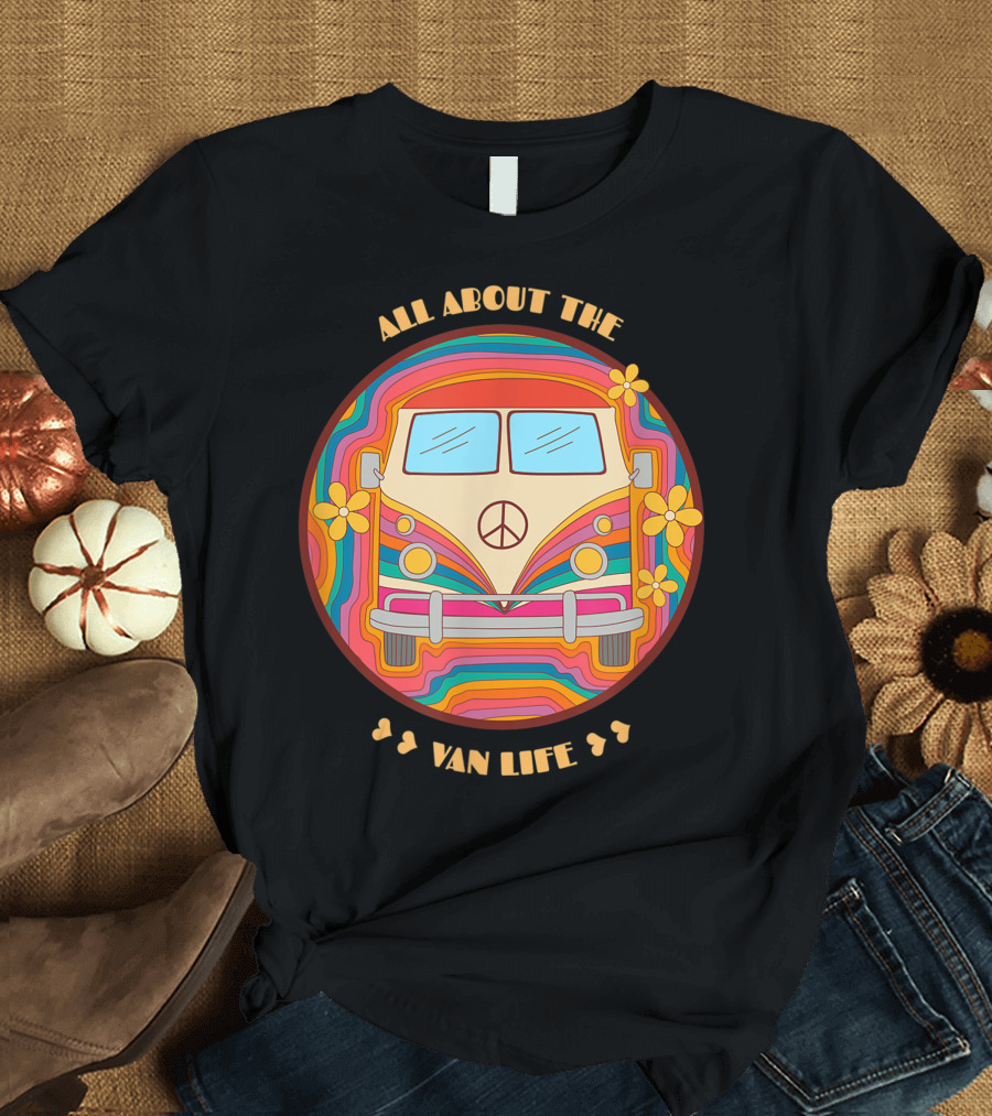 All About the Van Life 70s Style Peace and Flowers T-Shirt