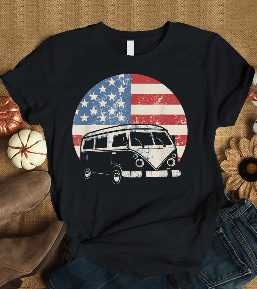 Vintage American Flag Camper Van July 4th Patriotic Hippy Camping RV T-Shirt