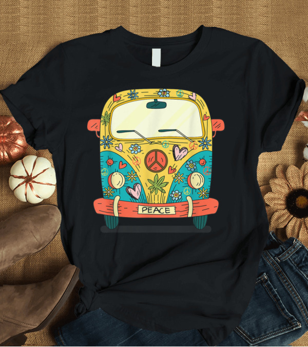 T-Shirt: Psychedelic 60s 70s Vintage Hippie Van with Peace Sign and Flower Power T-Shirt Psychedelic 60s 70s Vintage Hippie Van with Peace Sign and Flower Power T-Shirt