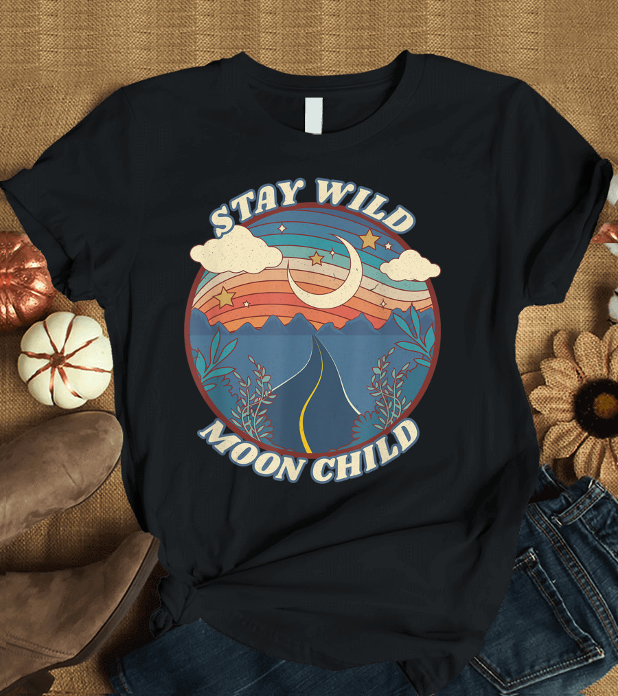 Stay Wild Moon Child Vintage Boho Peaceful Mountains and Stars Retro T-Shirt