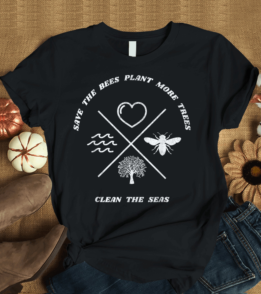 Save The Bees Plant More Trees Clean The Seas Vintage Heart Waves Insect Tree T-Shirt