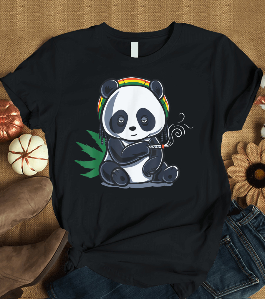 Weed Smoking Panda Marijuana Cannabis Stoner with Rasta Hat and Joint T-Shirt