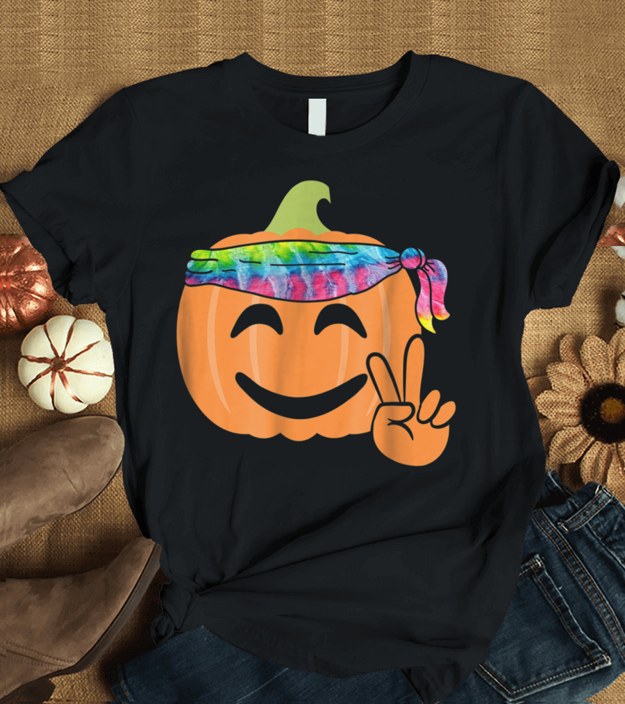 Hippie Tie Dye Pumpkin Jack O Lantern Peace Sign T-Shirt