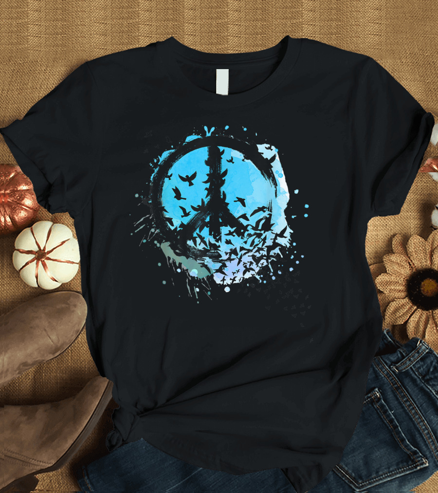 Black Birds Peace Sign Kindness Love 70s Retro Symbol with Flying Birds and Watercolor T-Shirt