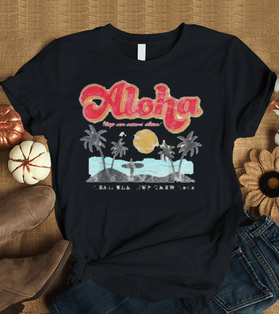 Aloha Hawaii Tropical Beach Sunset with Palm Trees Surfboard T-Shirt