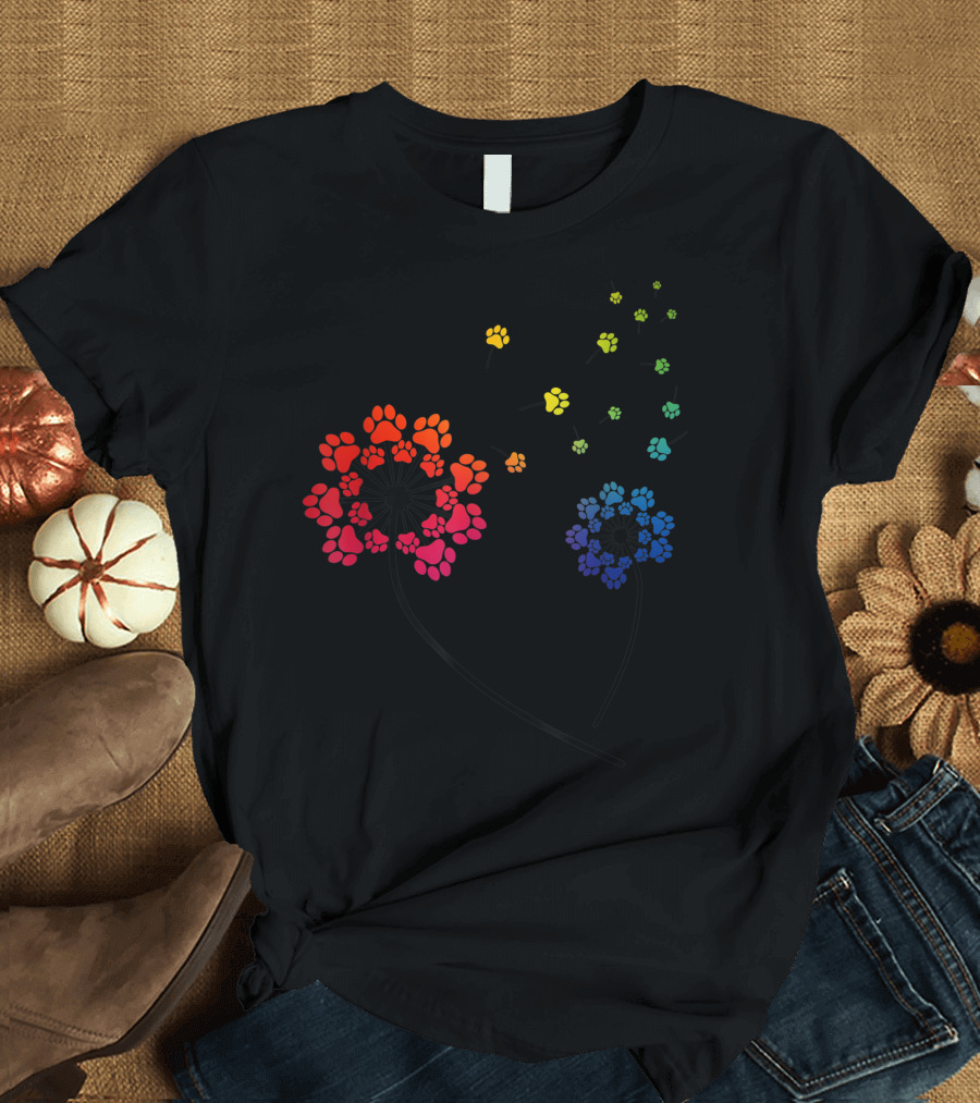 Dandelion Paw Print Colorful Dog Flower Dog Mom T-Shirt