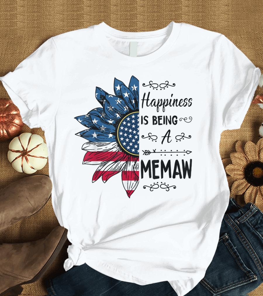 Happiness Is Being A Memaw Sunflower American Flag Patriotic 4th of July T-Shirt