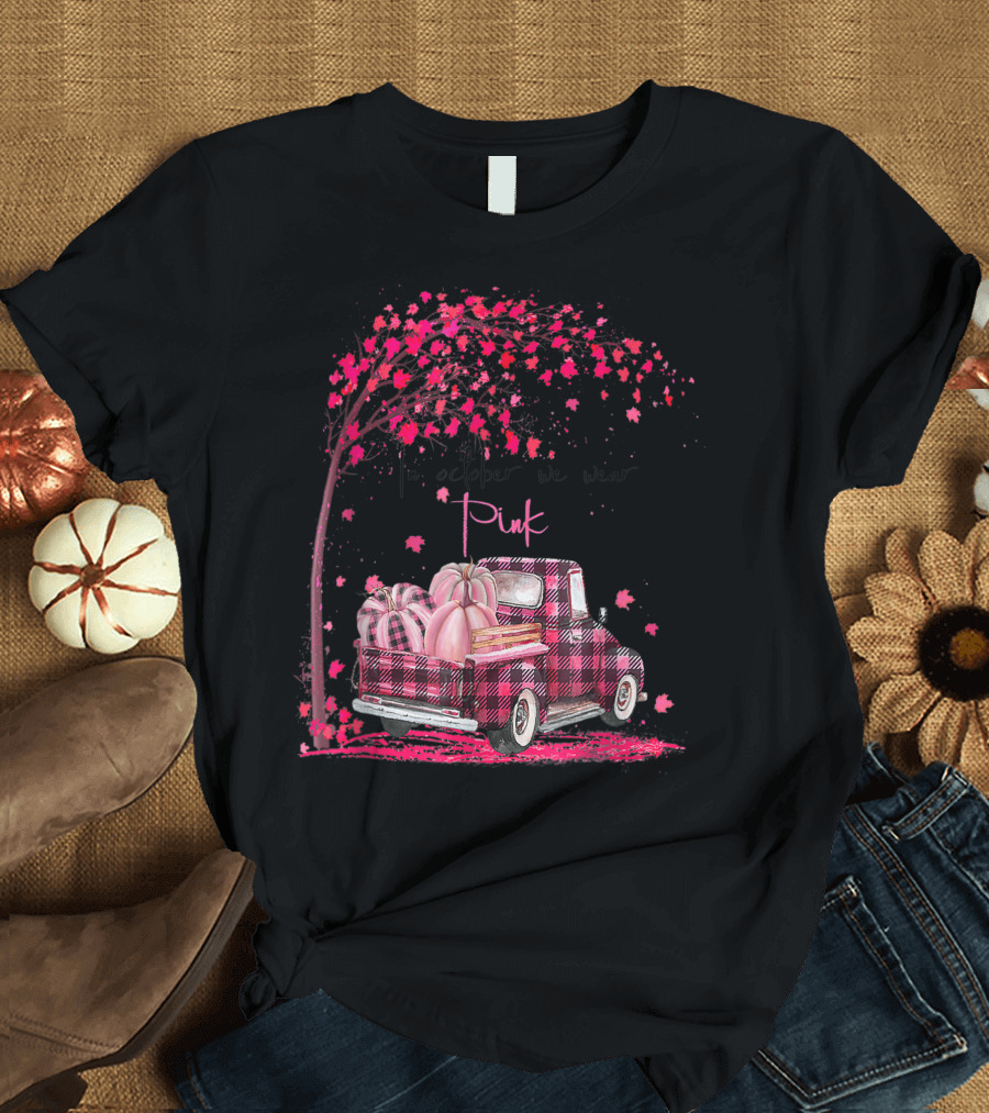 In October We Wear Pink Plaid Truck with Pumpkins Breast Cancer Awareness Halloween T-Shirt