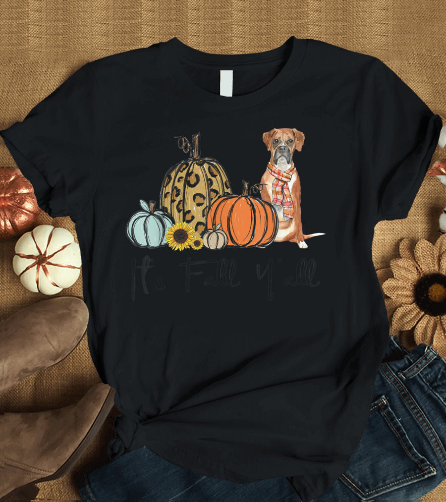 It's Fall Y'all Boxer Dog Leopard Pumpkin Sunflower Autumn Scene T-Shirt
