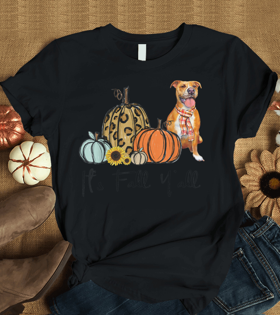 Its Fall Yall Leopard Pumpkin Yellow Pitbull Dog Autumn Decor T-Shirt